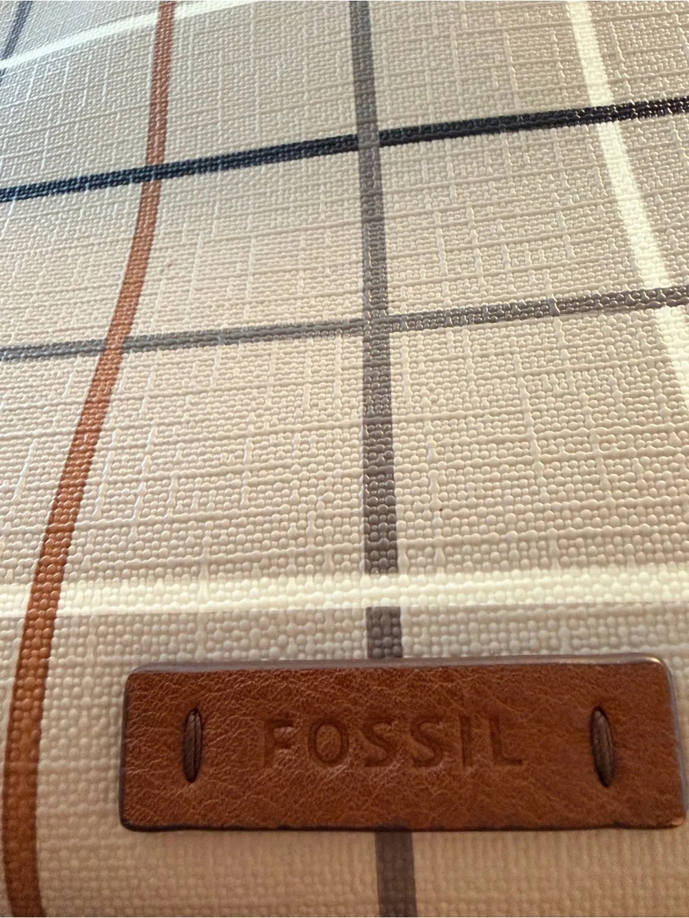 Fossil Devon Greige and Brown Plaid Crossbody Bag with Key Charm